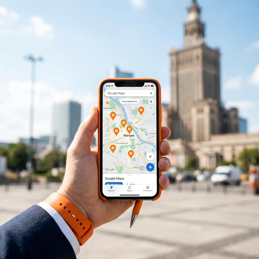 Wizytówka Google Maps na tle Pałacu Kultury w Warszawie